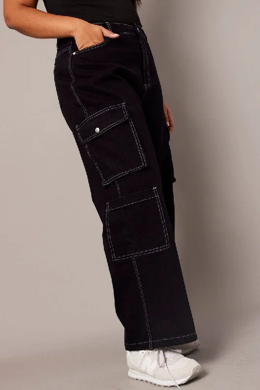 Black Cargo Jeans Mid Rise