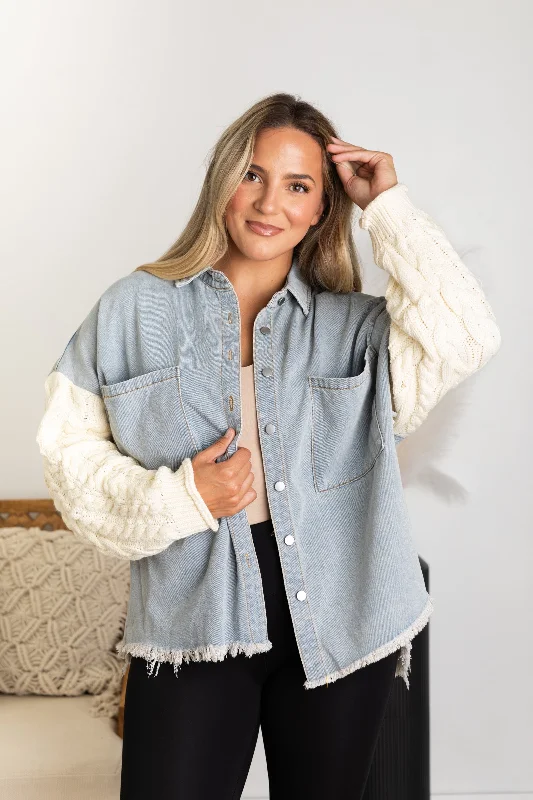 Blue Denim Jacket With Sweater Sleeves