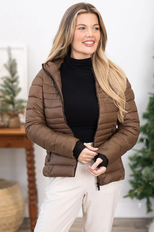 Brown Hooded Puffer Jacket With Thumbholes