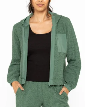 Green Cotton-Blend Textured Zip-Up Jacket