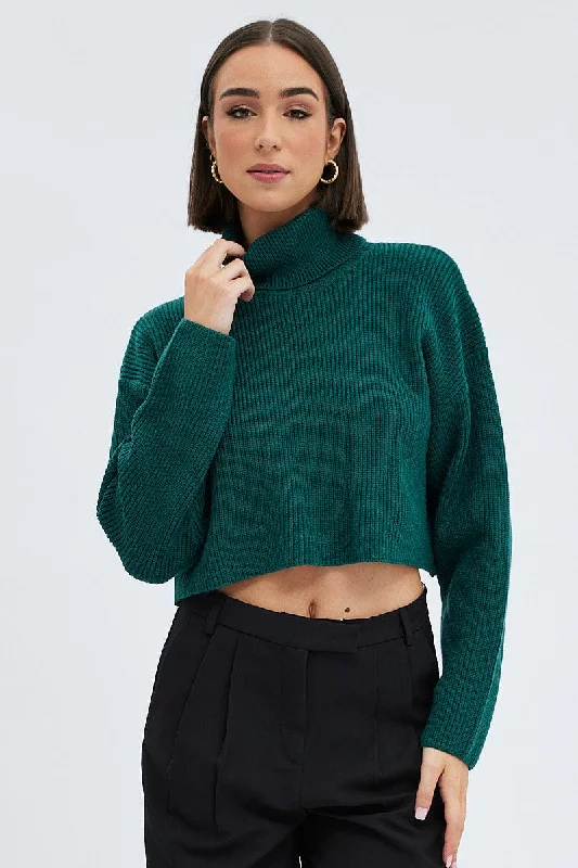 Green Knit Jumper Turtle Neck Crop