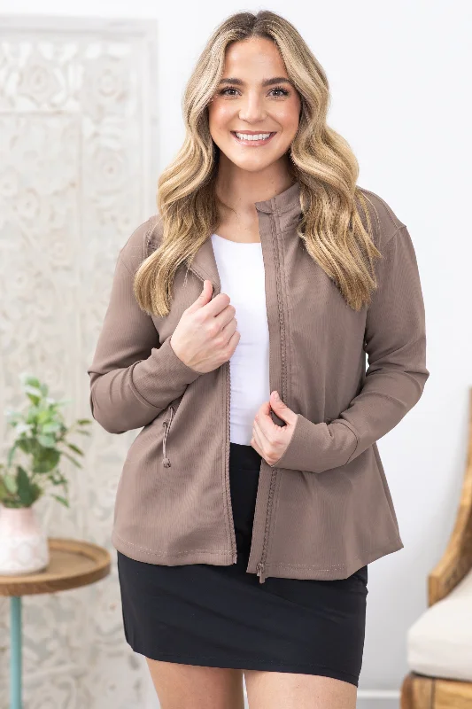 Mocha Jacquard Ribbed Hoodie Jacket