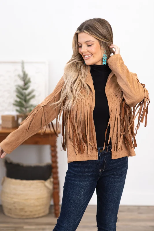 Camel Vegan Suede Jacket With Fringe