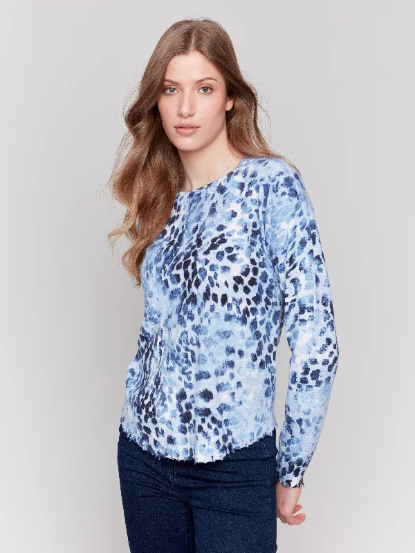 Printed Frayed Edge Round Hem Sweater - Indigo