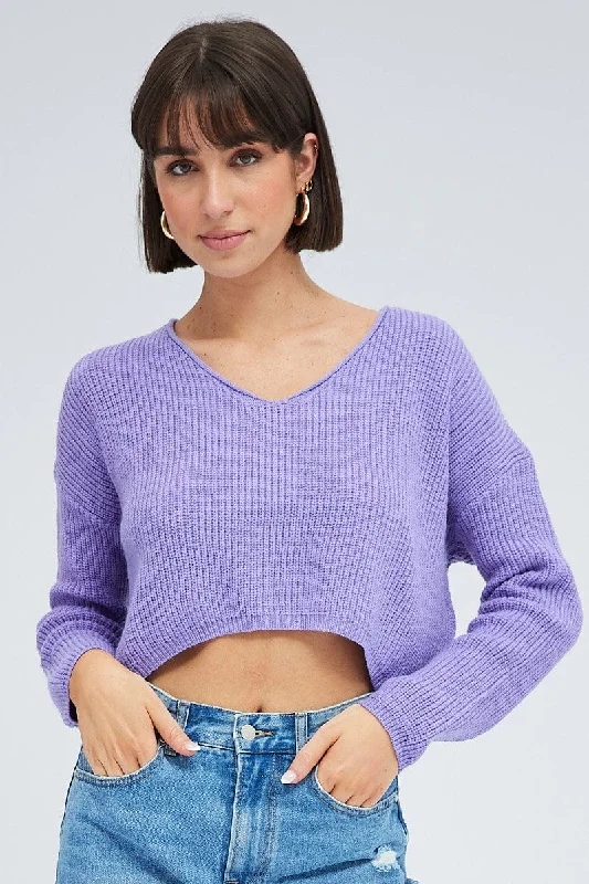 Purple Knit Jumper Long Sleeve V Neck