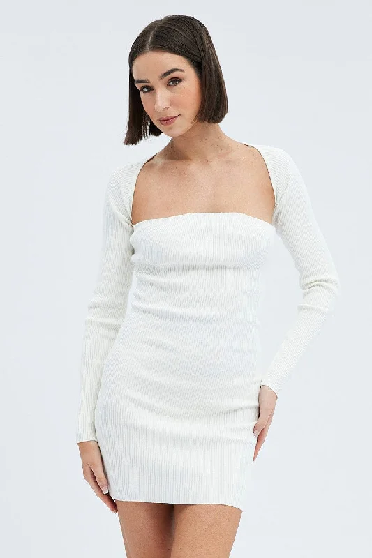 White Dress & Shrug Set Long Sleeve Strapless Mini Knit