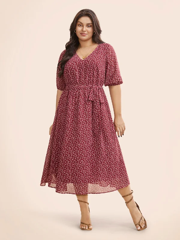 Chiffon Ditsy Floral Lantern Sleeve Dress