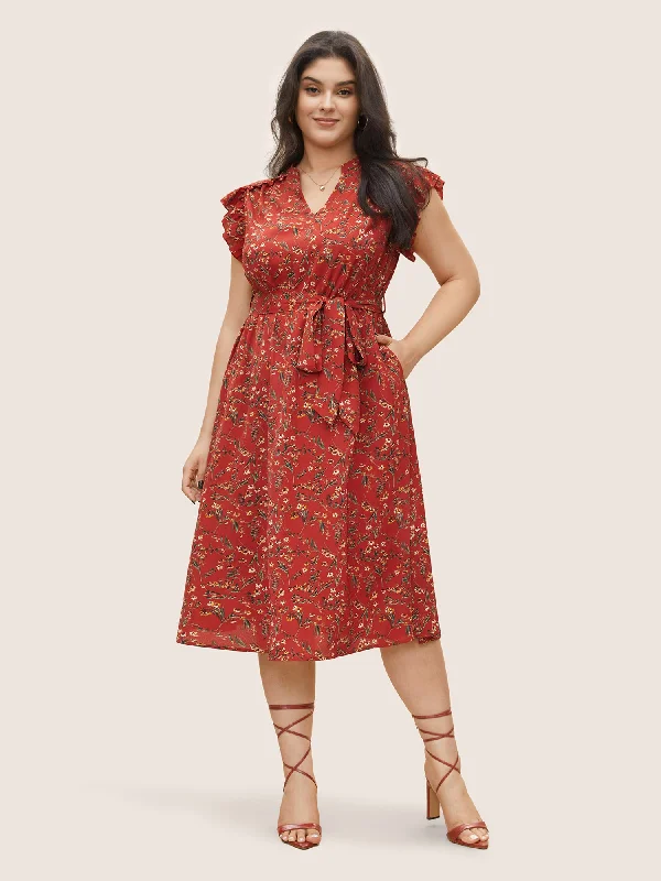 Ditsy Floral Frill Trim Notched Flutter Sleeve Dress