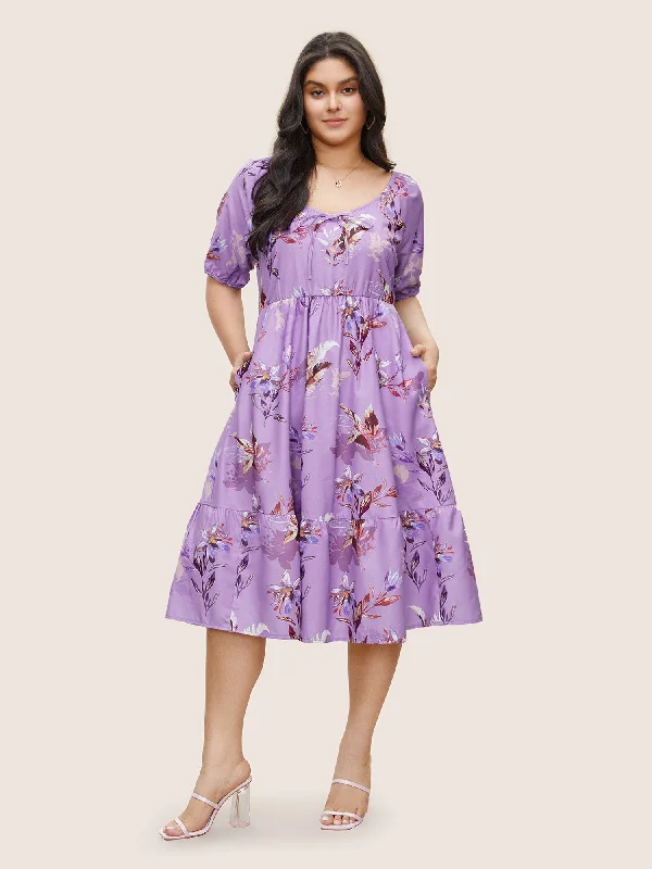 Floral Print Ties Scoop Neck Flutter Hem Dress