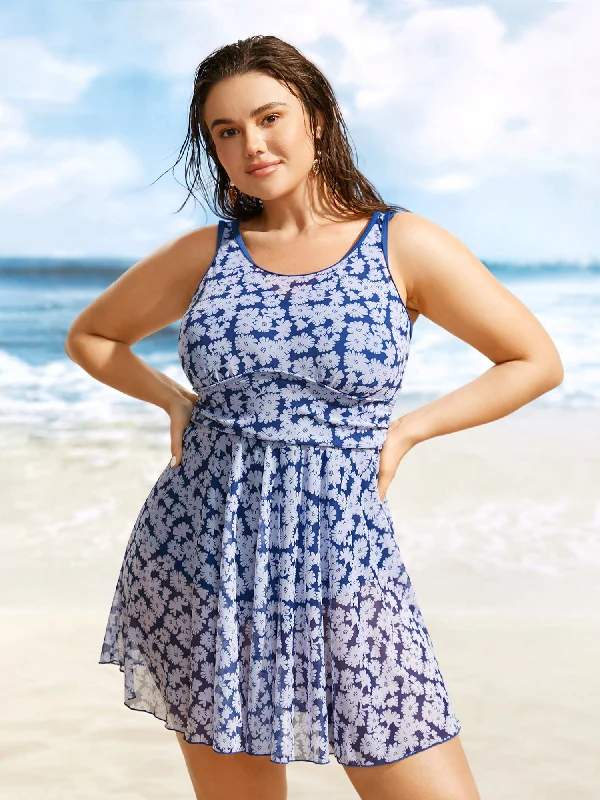 Floral U Neck See Through Patchwork Swim Dress