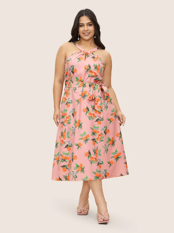 Citrus Orange Print Halter Neck Tie Knot Dress