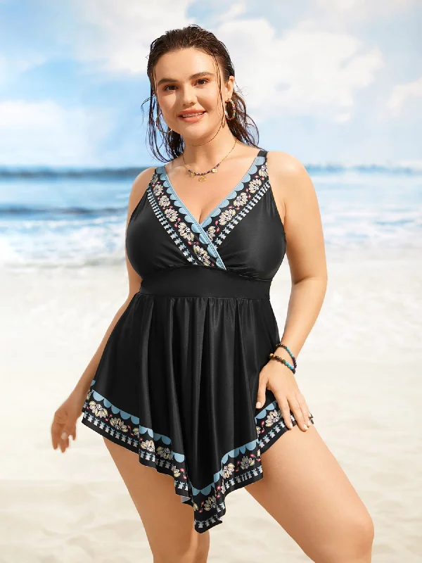 Overlap Collar Boho Print Hanky Hem Swim Dress