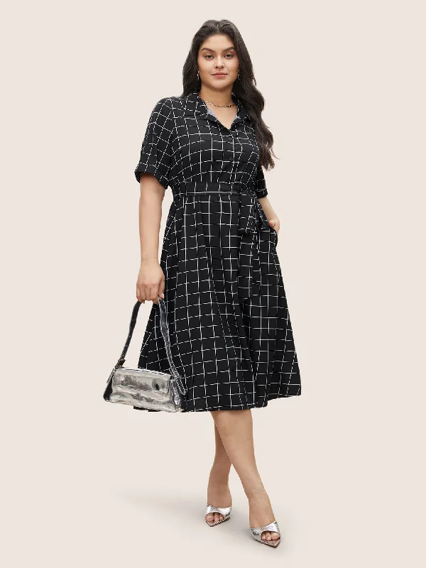 Plaid Belted Shirt Collar Cuffed Sleeve Dress