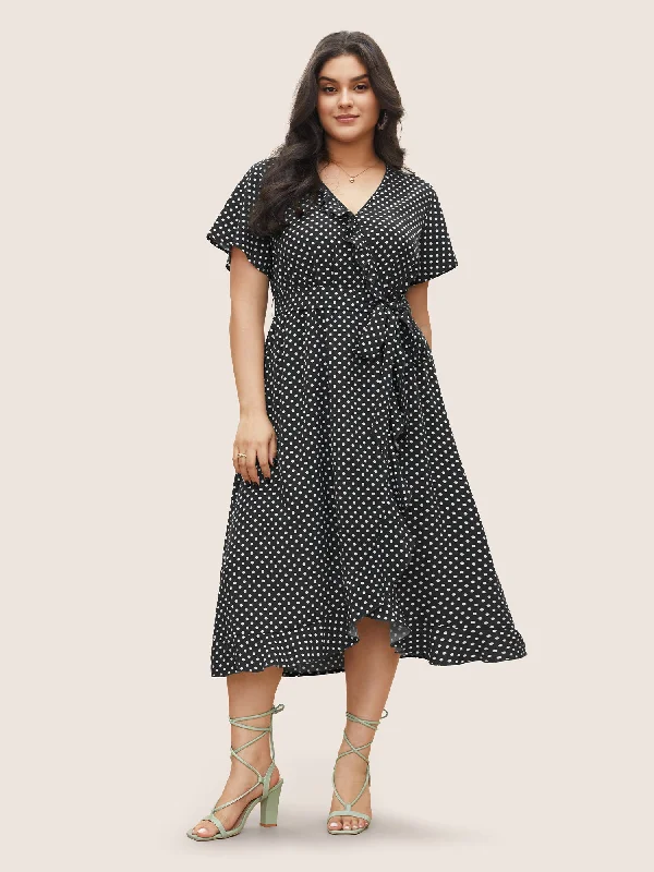 Polka Dot Flutter Trim Belted Overlap Collar Dress