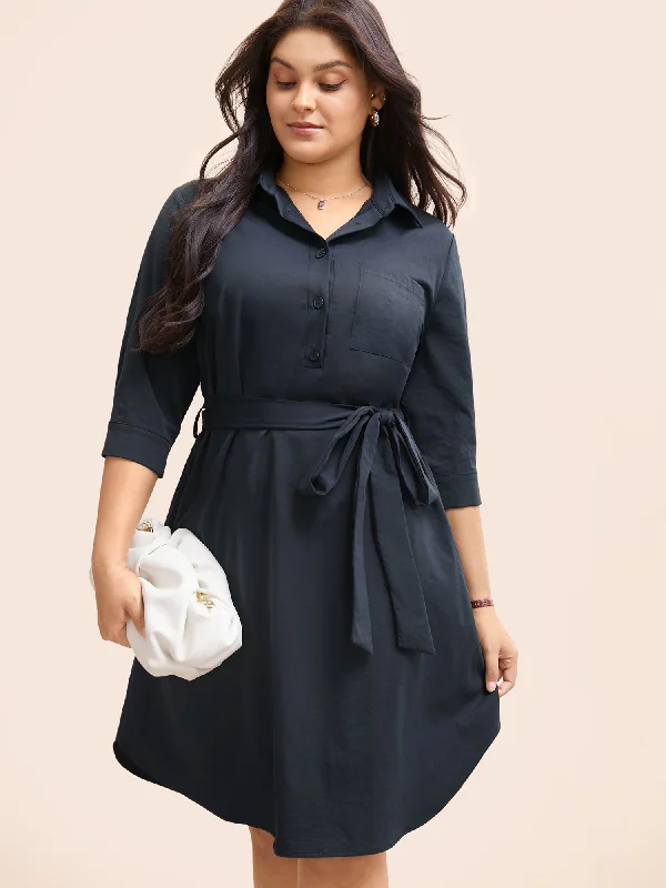 Shirt Collar Belted Arc Hem Dress