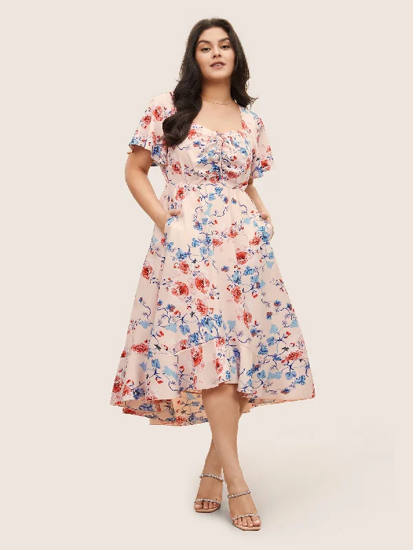 Square Neck Floral Print Gathered Drawstring Dress