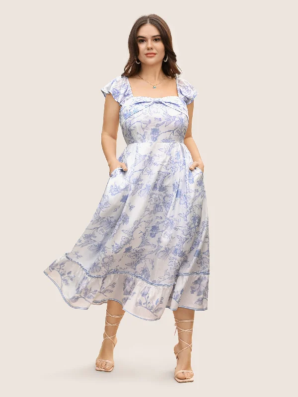 Square Neck Floral Twist Ruffle Cap Sleeve Dress