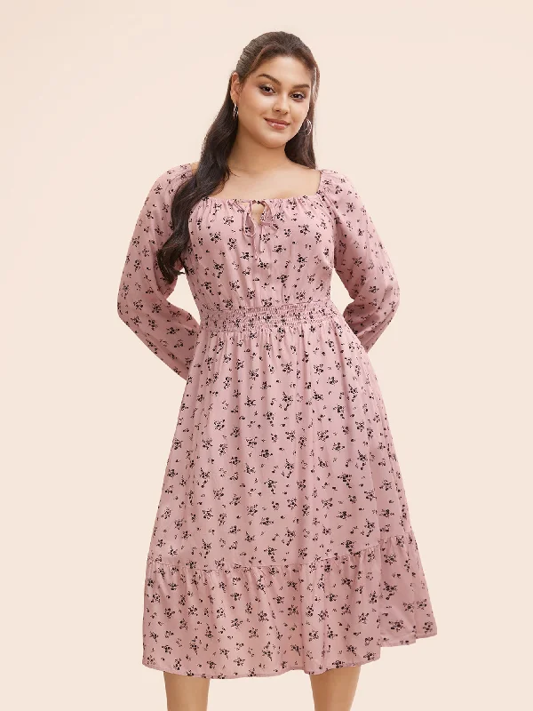 Tie Neck Ditsy Floral Shirred Dress