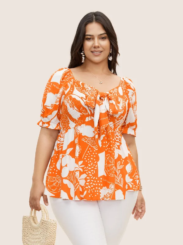 Tropical Print Bowknot Shirred Lantern Sleeve Blouse