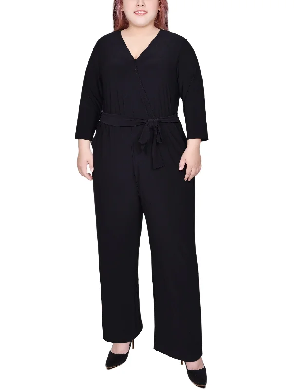 Plus Size 3/4 Sleeve Belted Jumpsuit