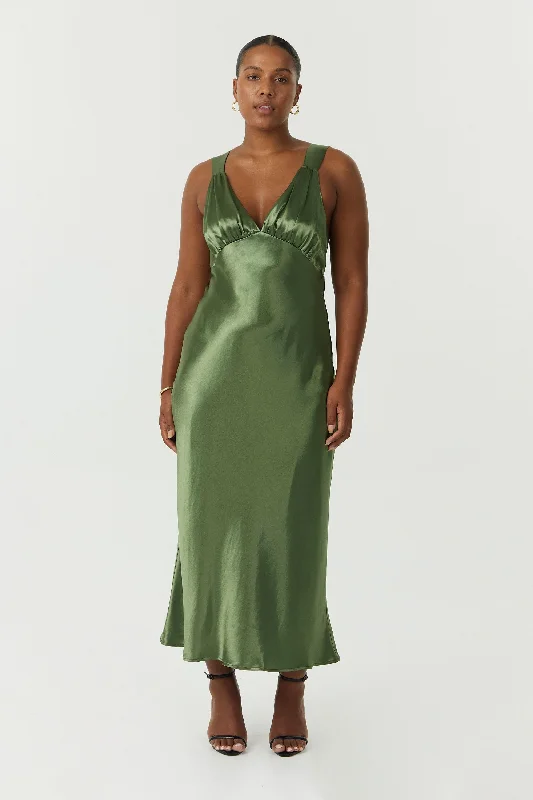 Third Form Satin Gather Bra Bias Slip Dress - Olive