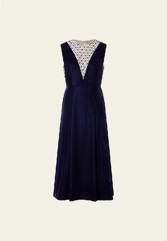 Crystal and Bead Embellished Sleeveless Velvet Dress