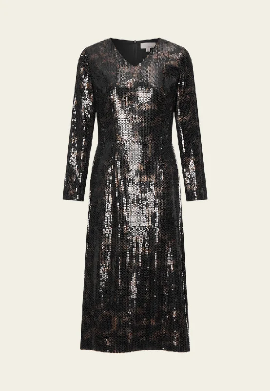 Black V-neck Sequin Long-sleeved Dress