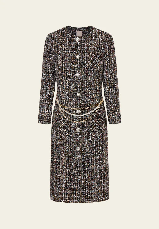 Checked Charm-detail Chain Belt Tweed Dress