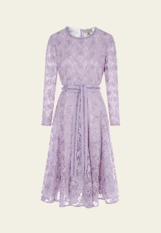 Lilac Tie-belted Lace Dress