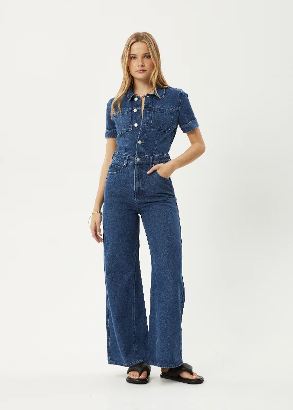 AFENDS Womens Miami - Denim Flared Leg Jumpsuit - Authentic Blue