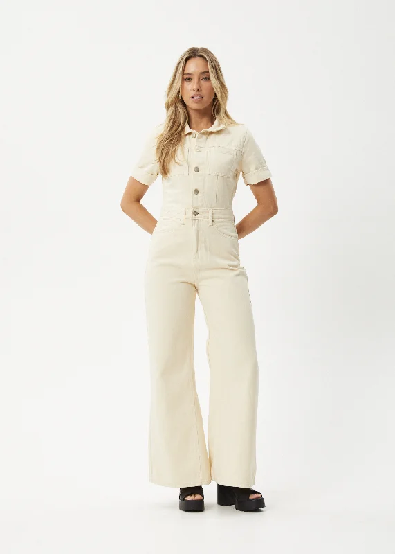 AFENDS Womens Miami - Denim Flared Jumpsuit - Sand