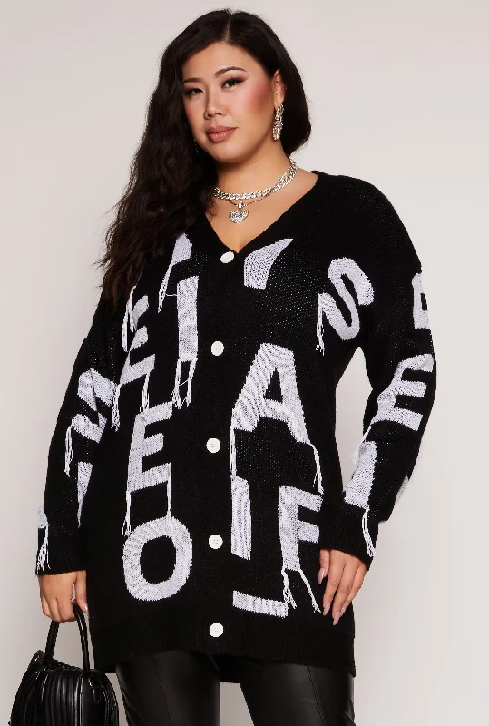 Plus Size Alphabet Fringe Detail Cardigan