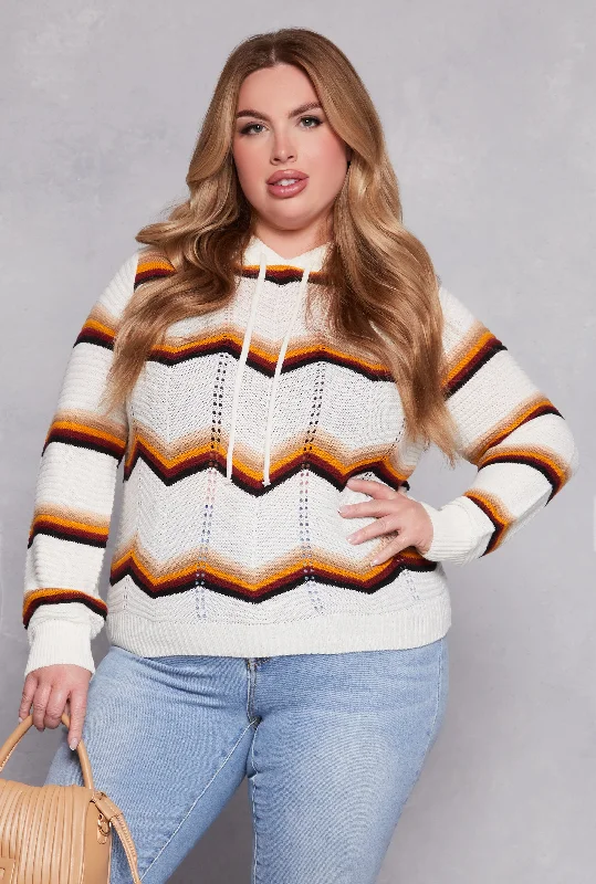 Plus Size Chevron Drawstring Hooded Sweater