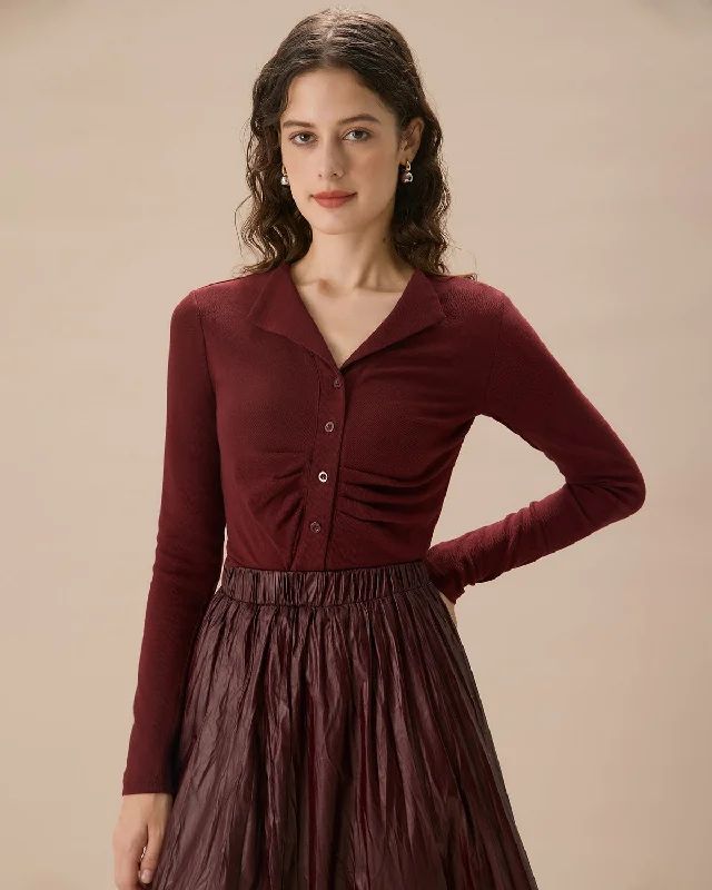 Red Ruched Single-breasted Cardigan